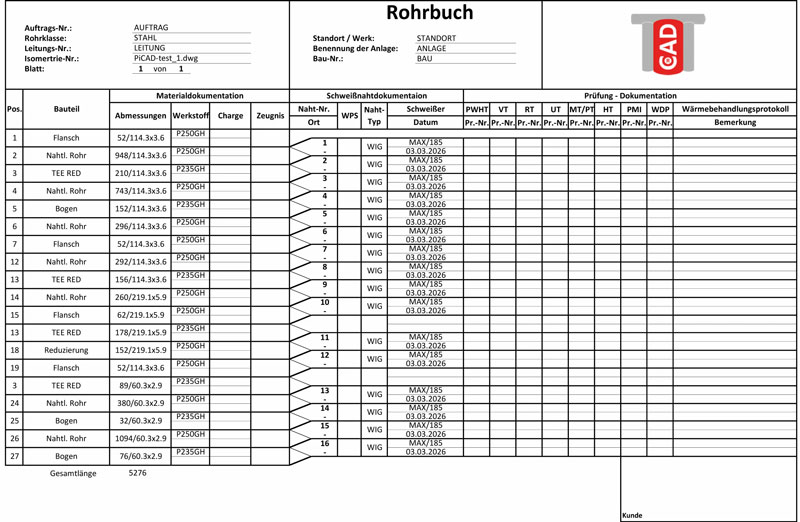Rohrbuch Schweißnahtdokumentation